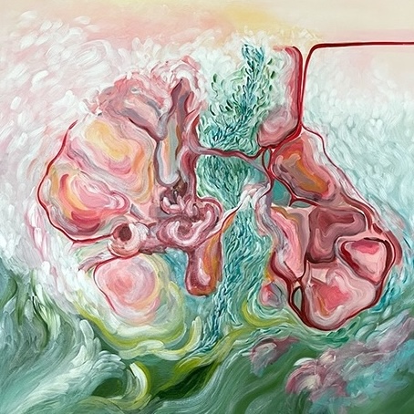 Abstract painting with flowing pink, coral, and teal organic forms