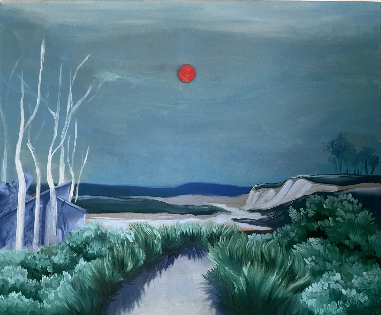 Abstract painting with deep reds and dark tones evoking a lunar landscape