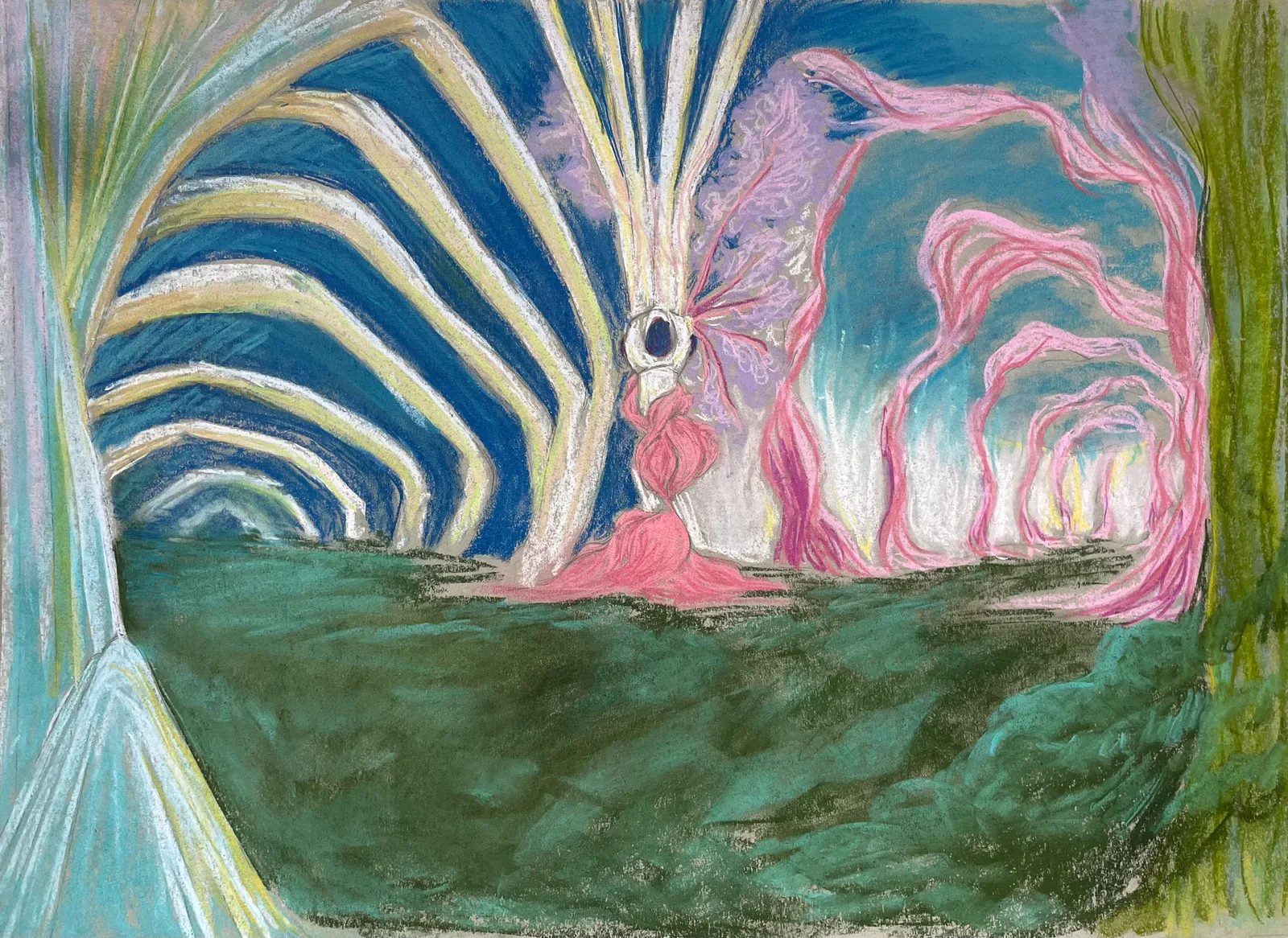 Abstract painting exploring interior spaces and organic structures